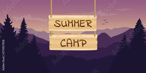 summer camp wooden sign at purple mountain nature landscape vector illustration EPS10