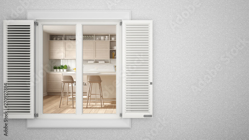 Exterior plaster wall with white window with shutters, showing interior modern kitchen, blank background with copy space, architecture design concept idea, mockup template