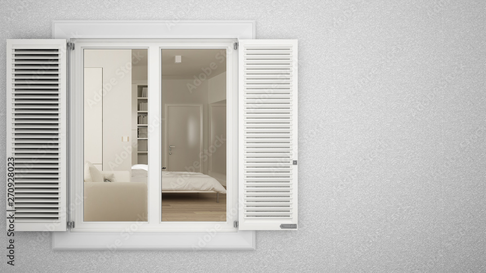 Fototapeta premium Exterior plaster wall with white window with shutters, showing interior living room, blank background with copy space, architecture design concept idea, mockup template