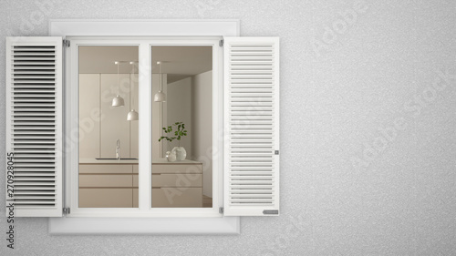 Exterior plaster wall with white window with shutters  showing interior modern kitchen  blank background with copy space  architecture design concept idea  mockup template