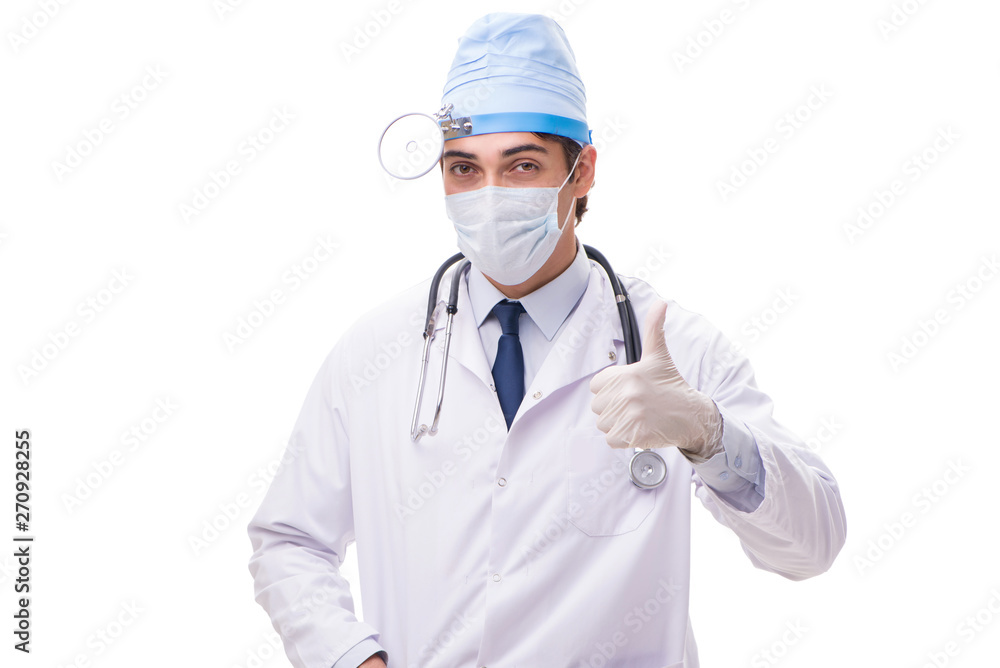 Young handsome doctor otolaryngologist isolated on white Young handsome doctor otolaryngologist isolated on white