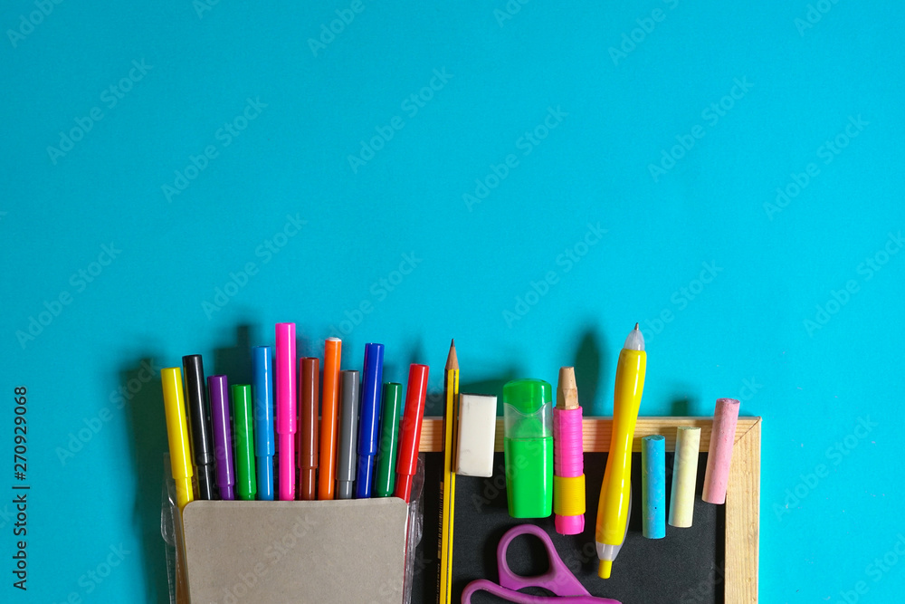 Education or back to school concept : flat lay of stationeries