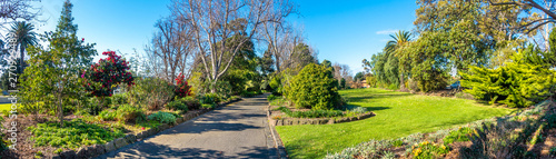 Beautiful panorama view of environment in Footscray Park with footpath, garden and different kinds of plants. Melbourne, VIC Australia.
