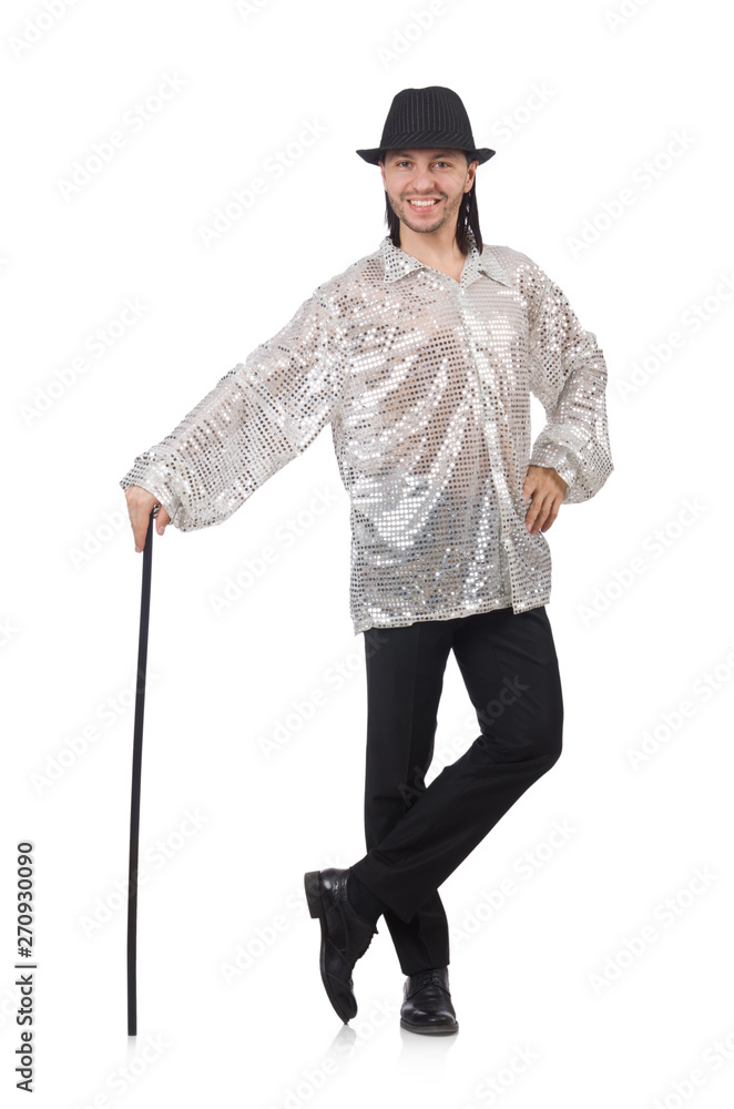 Performer in shiny costume isolated on white Performer in shiny costume isolated on white