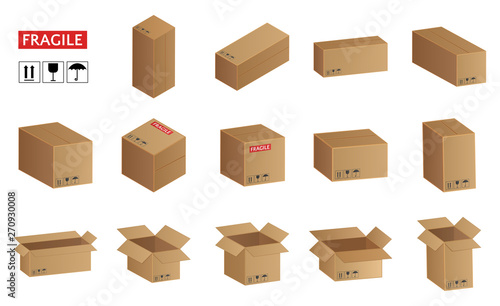 Cardboard boxes set of icons, packaging vector illustration