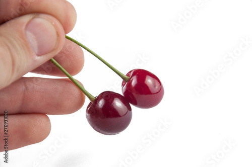 Cherries in  hand isolated on a white background.Copy space © finchmaystor