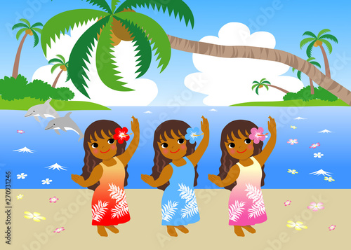 ハワイの海辺でフラを踊る三人娘