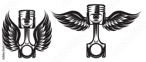 Vector set of monochrome patterns on a motorcycle theme with piston and wings