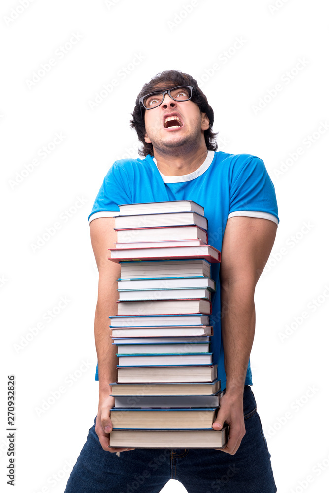 Male student with many books isolated on white Male student with many books isolated on white