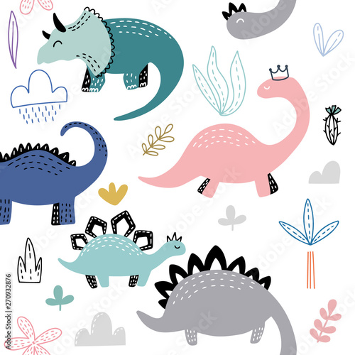 Seamless pattern with hand drawn different cute dinosaurs. Childish texture for fabric  textile  vector fill. Vector background  