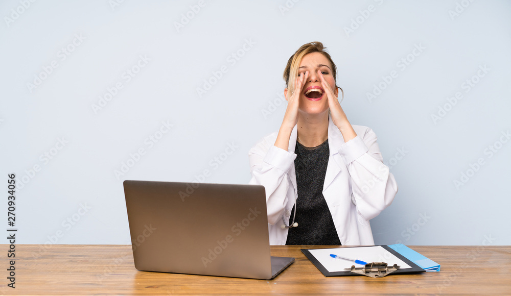 Blonde doctor woman shouting and announcing something Blonde doctor woman shouting and announcing something