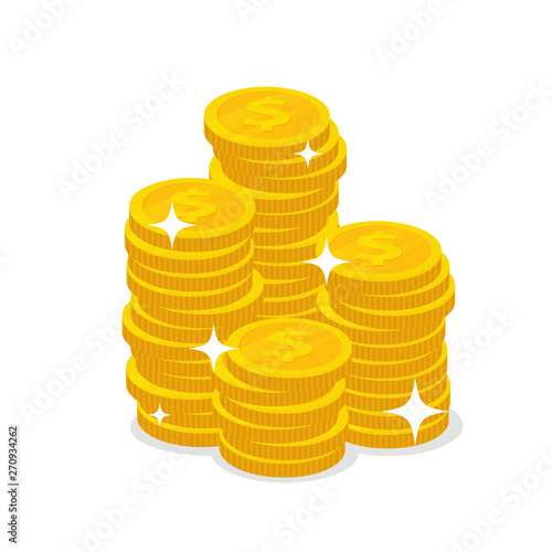 Dollar coins that are stacked Brighten the sparkle isolate on white background.