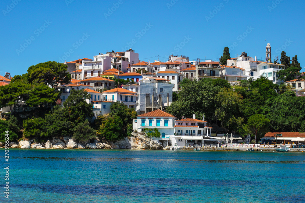 View of typical white architecture of Skiathos town in Skiathos island, Aegean sea, Greece