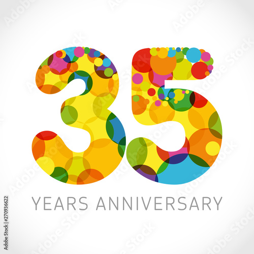 35 th anniversary numbers. 35 years old multicolored logotype. Congrats age greetings, congratulation idea. Isolated abstract graphic design template. Coloured digits up to -35% percent off discount.