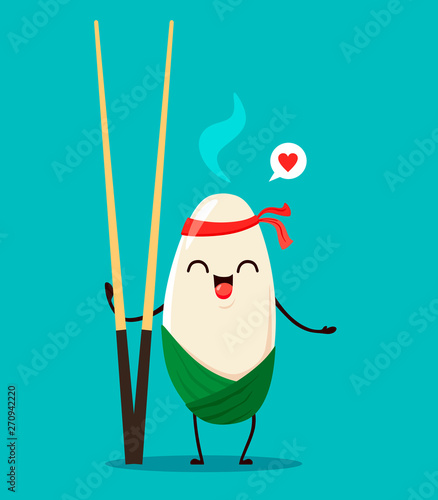 Japanese rice with chopsticks in a kawai cartoon style. Japanese traditional cuisine. Vector isolate on turquoise background.