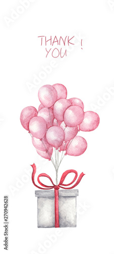 White gift box with pink balloon and text: thank you on white background. Hand drawn watercolor illustration. Thank you card.