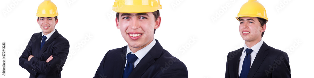 Man wearing hard hat isolated on white Man wearing hard hat isolated on white