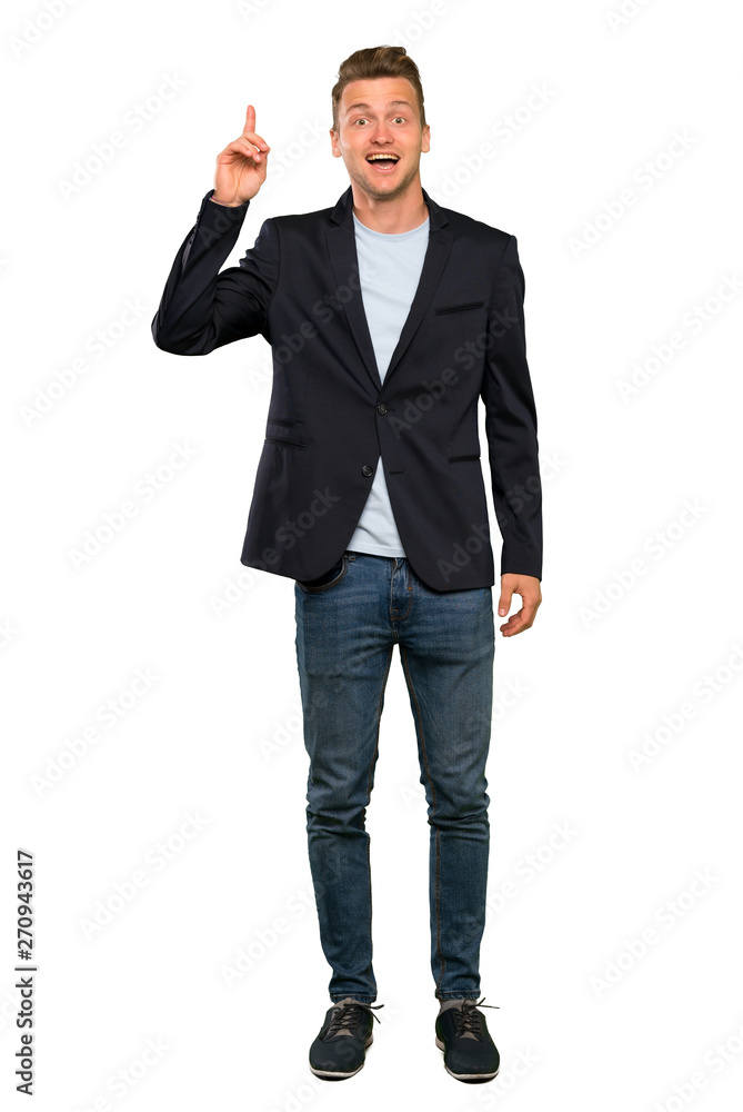 Blonde handsome man intending to realizes the solution while lifting a finger up Blonde handsome man intending to realizes the solution while lifting a finger up