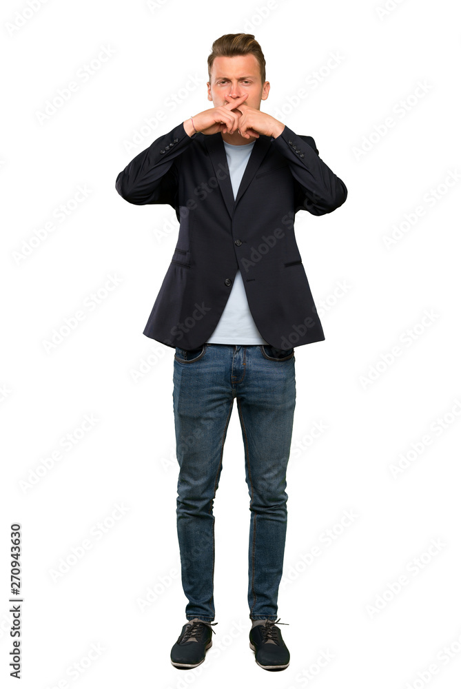 Blonde handsome man showing a sign of silence gesture