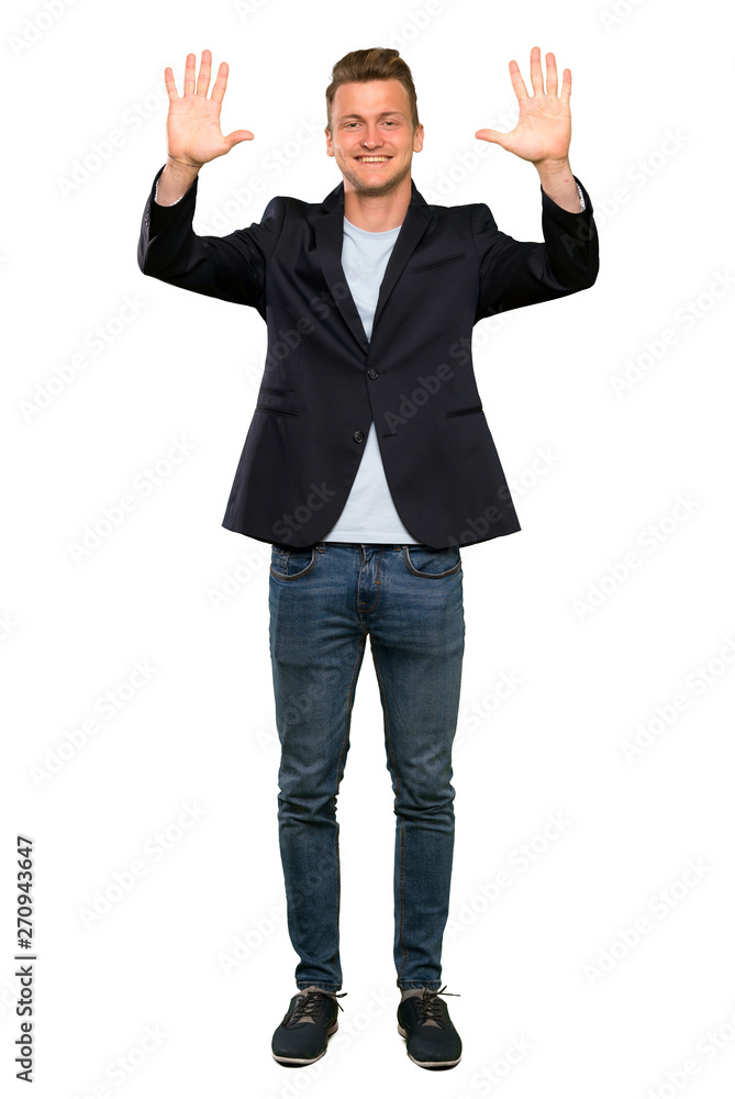 Blonde handsome man counting ten with fingers Blonde handsome man counting ten with fingers