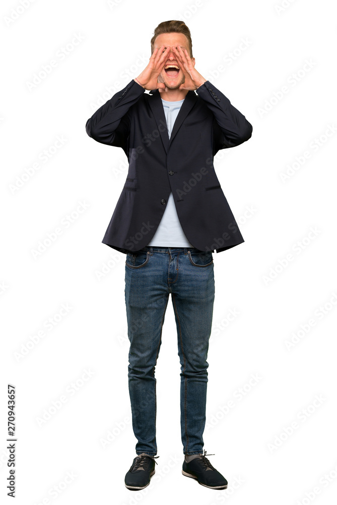 Blonde handsome man shouting and announcing something Blonde handsome man shouting and announcing something