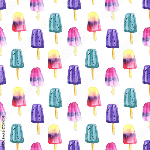 Watercolor seamless pattern with fruit cream popsicles. Summer print. Isolated on white background - Illustration