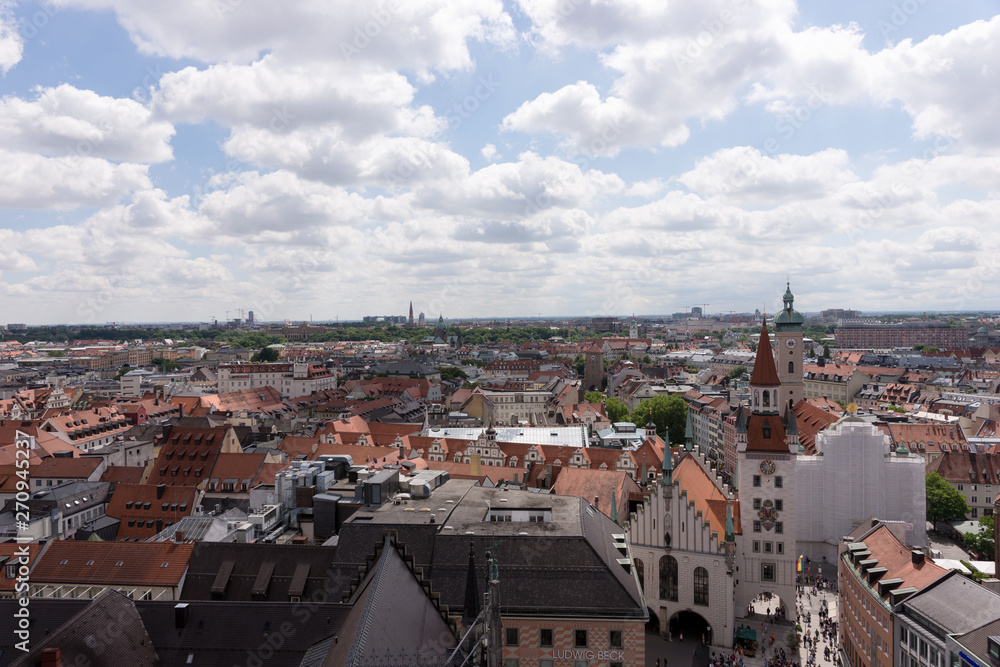 Munich city center and old town skyline view to old town with roofs and spires