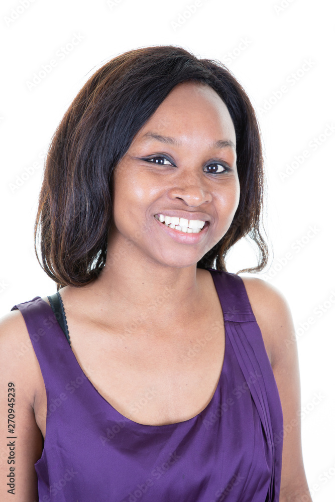 Portrait of beautiful young black woman curly hair smiling looking camera Portrait of beautiful young black woman curly hair smiling looking camera