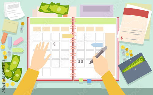 Hands Planner Bills Money I...