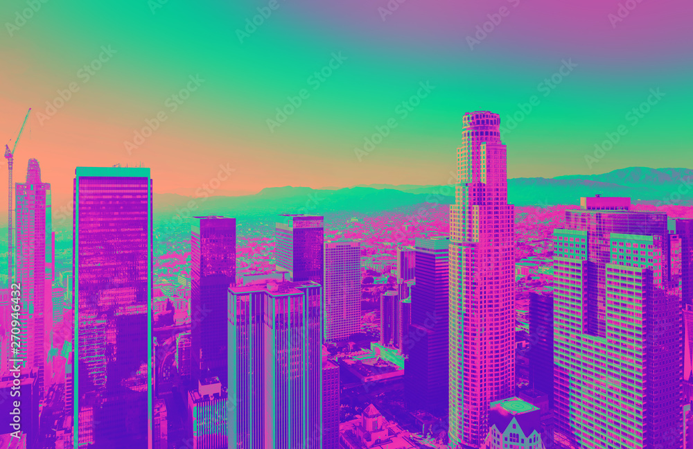 Aerial view of a Downtown Los Angeles at sunset funky gradient