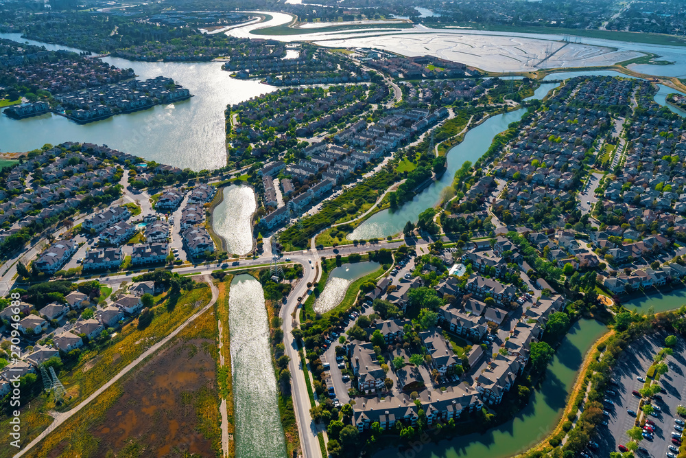 Aerial view of residential real estate homes in Foster City, CA - obrazy, fototapety, plakaty 
