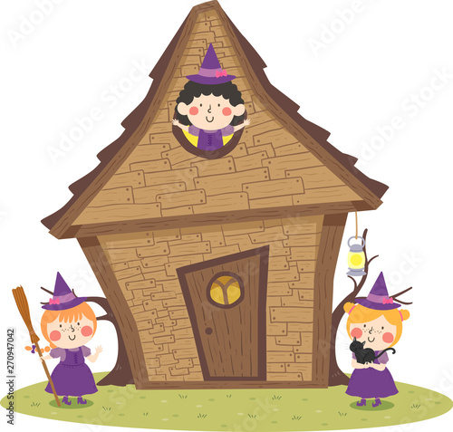 Kids Girls Witch House Illu...