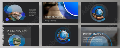 The minimalistic abstract vector illustration of the editable layout of the presentation slides design business templates. Creative modern blue background with circles and round shapes.