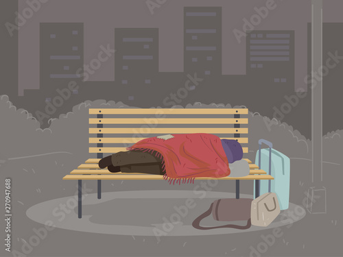 Homeless Person Sleep Bench Illustration