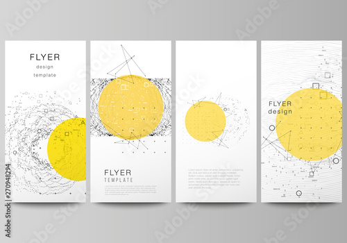 The minimalistic vector illustration of the editable layout of flyer, banner design templates. Science or technology 3d background with dynamic particles. Chemistry and science concept.