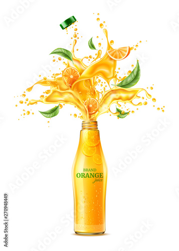 Realistic orange juice splash with mint leaves. Splashingjuice motion with green leaves for package design. Vector juicy wave, flowing liquid. Fresh sweet drink flow from glass bottle