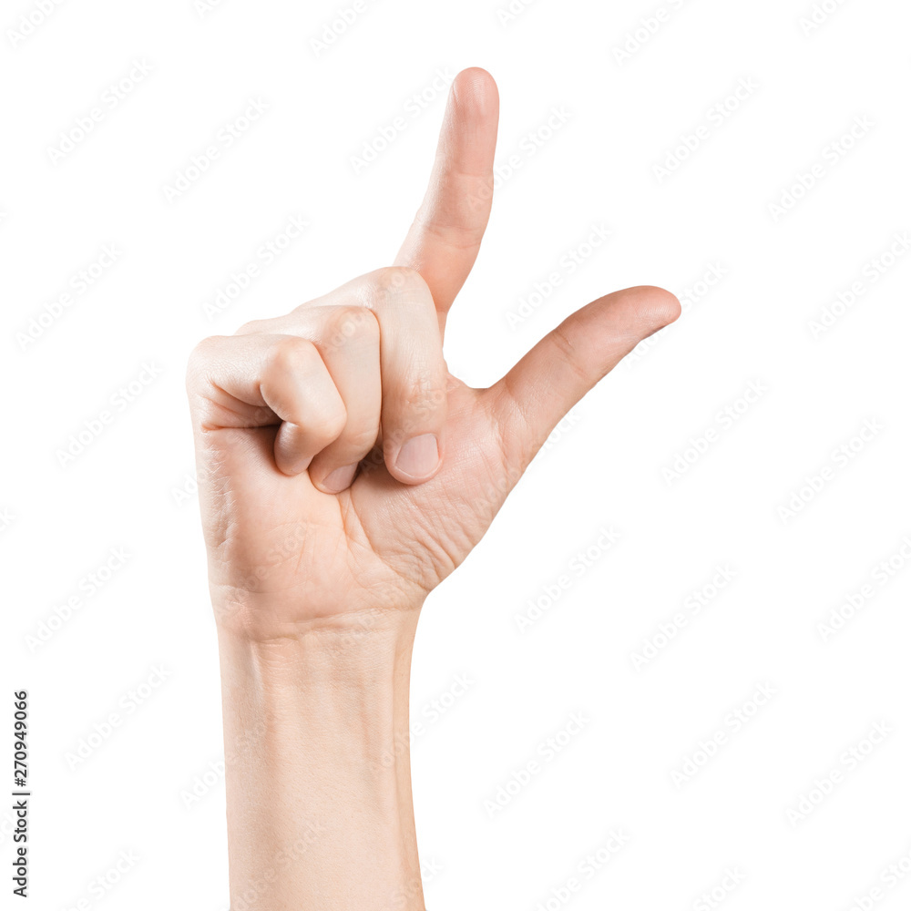 Hand holding something small, isolated on white background