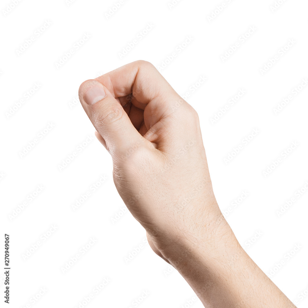 Hand holding something small, isolated on white background