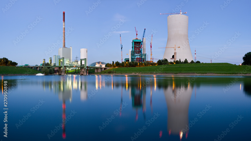 Heavy Industry Panorama With Reflection At Blue Hour