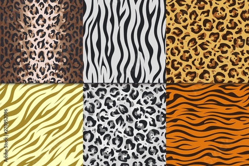 Seamless animal prints. Leopard tiger zebra skin patterns, texture stripes backgrounds. Vector Africa animals leathers different seamless patterns