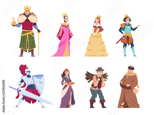 Medieval characters. Flat historical people, king queen prince and princess royal set. Vector cartoon renaissance costume fairytale knights and peasant