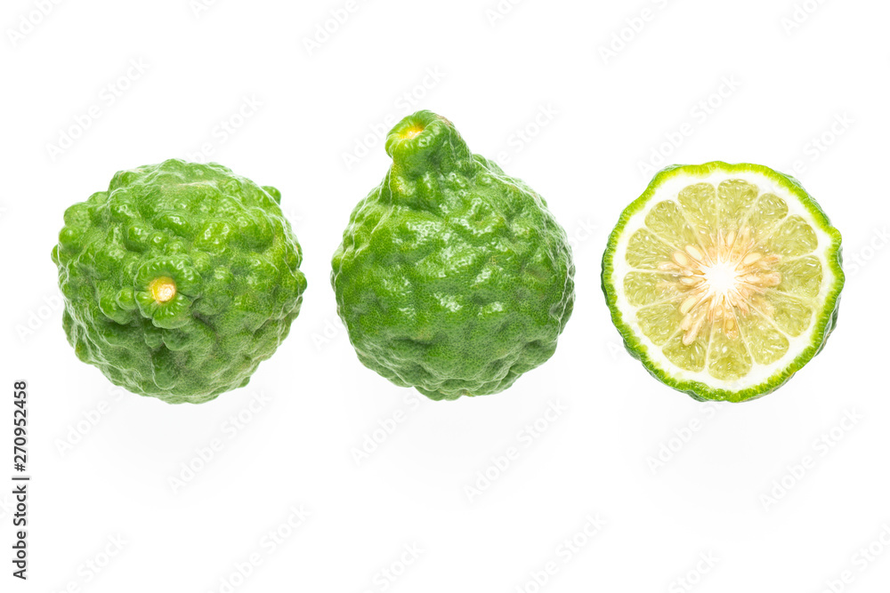 Fototapeta premium Fresh bergamot fruit and half piece isolated on white background ( Kaffir lime, Citrus, Rutaceae. )