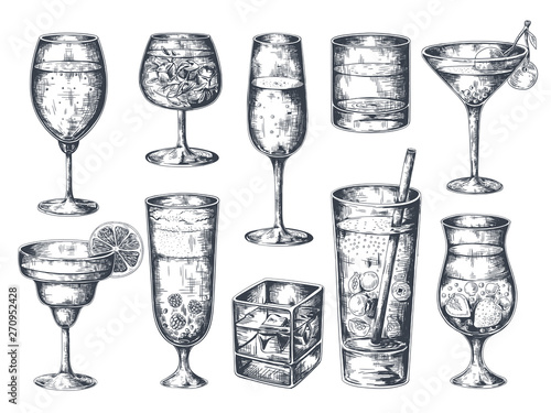 Hand drawn cocktails. Glasses with alcoholic drinks tonic and lemonade, martini gin rum and tropical beverages. Vector vintage isolated sketch drinking retro cocktail