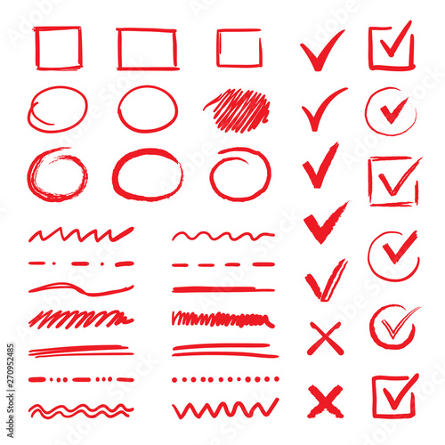 Doodle check marks and underlines. Hand drawn red strokes and pen markings V marks for list items. Vector marker check handwritten signs and checkbox