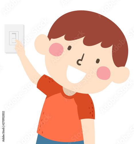 Kid Boy Chores Turn Off Light Switch Illustration