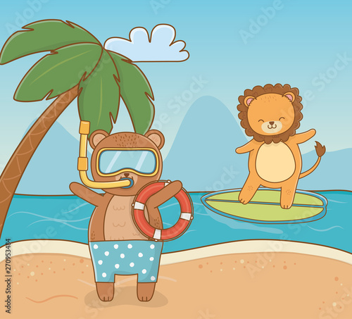 Bear and lion cartoon in summer season design