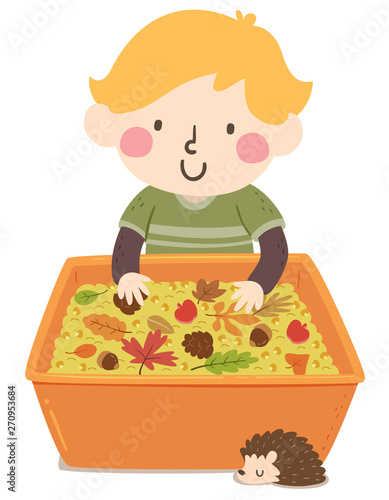 Kid Boy Autumn Sensory Bin Illustration