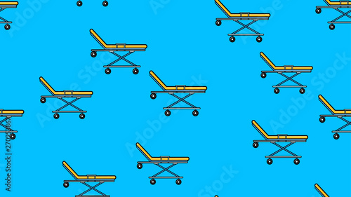 Seamless pattern texture of endless recurring medical beds with wheels; gurney from emergency hospital on blue background. Vector illustration
