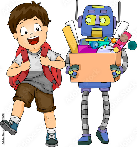 Kid Boy Robot Assistant School Illustration