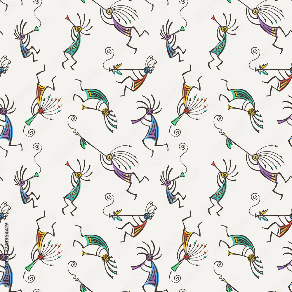 Obraz premium Hand drawn Kokopelli seamless pattern. Stylized mythical characters playing flutes.